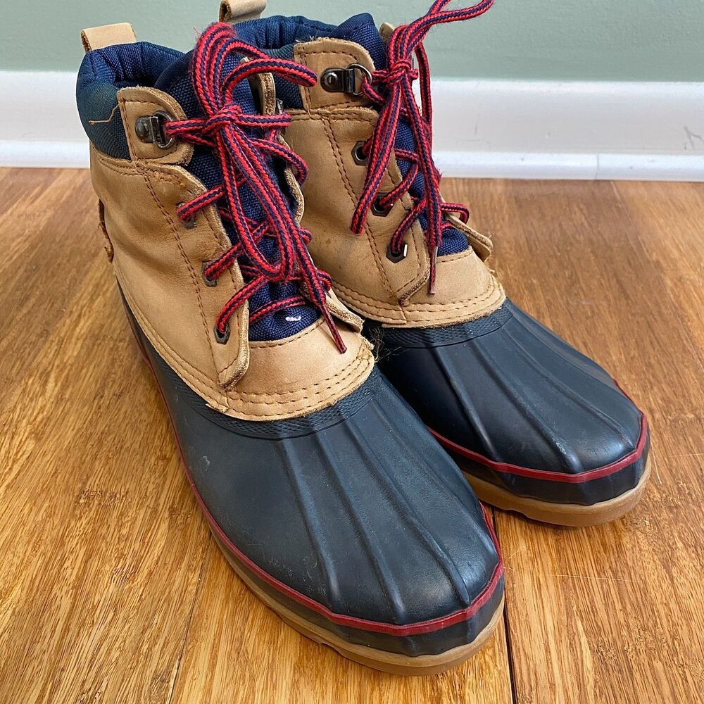 Lands End Duck Boots Womens 9 Brown Blue Leather Insulated Rubber Rain Snow